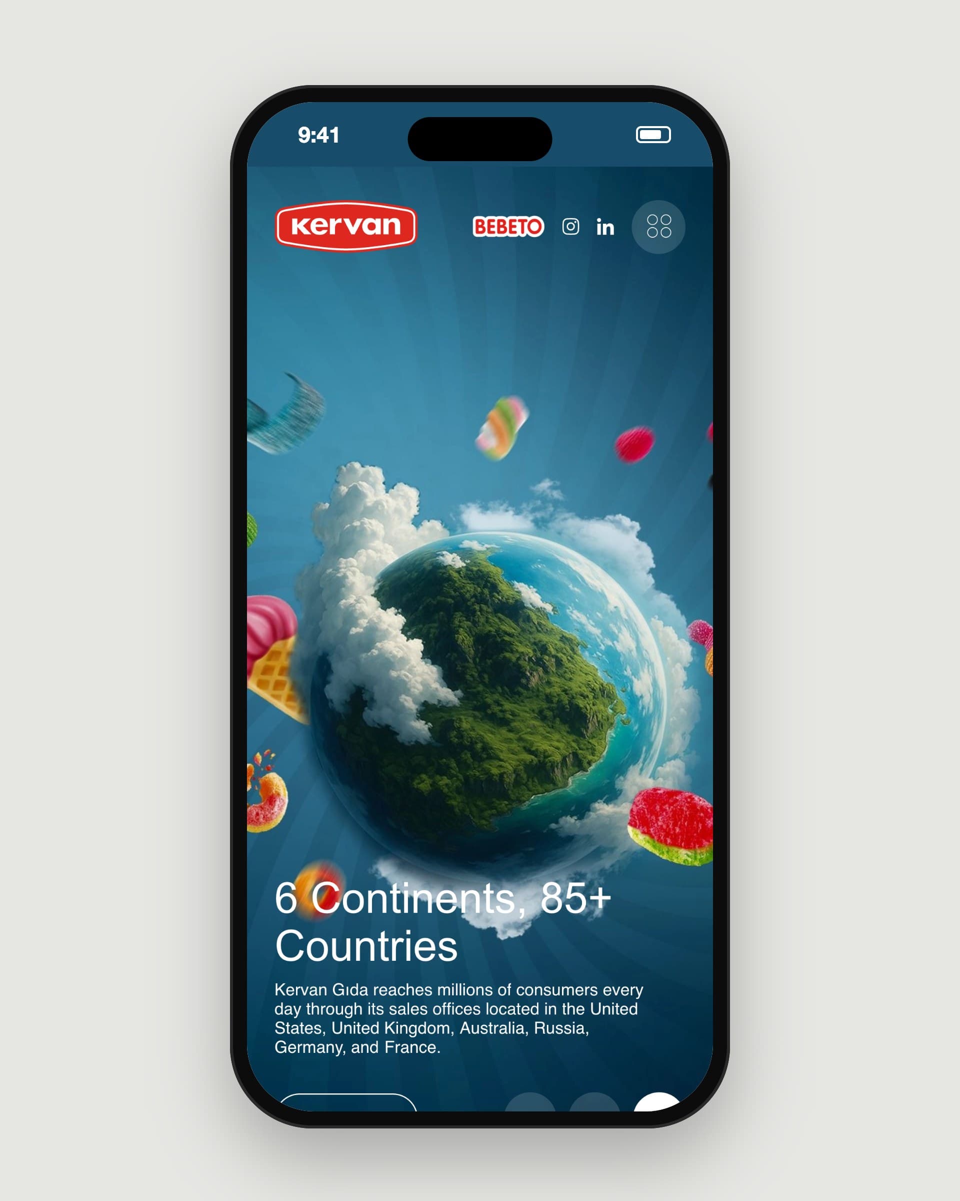 Kervan Gıda mobile hero: 6 continents, 85+ countries